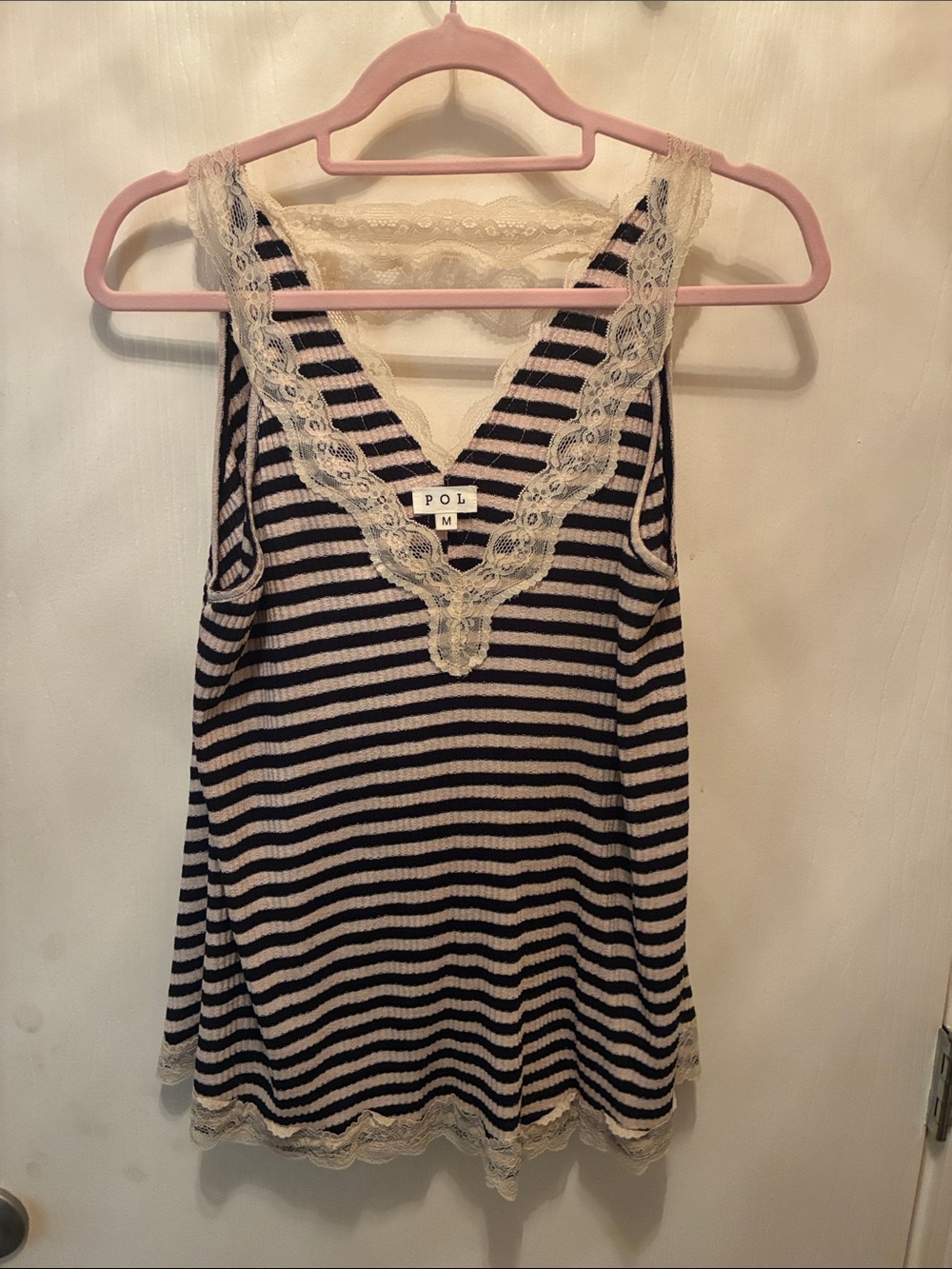 POL Striped Lace-Trim Camisole - Black & Cream